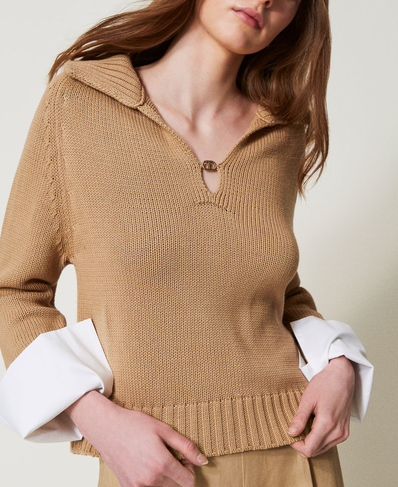 Cotton and poplin jumper Two-tone Rope Beige/Optical White Woman 251TE3050_12425_04