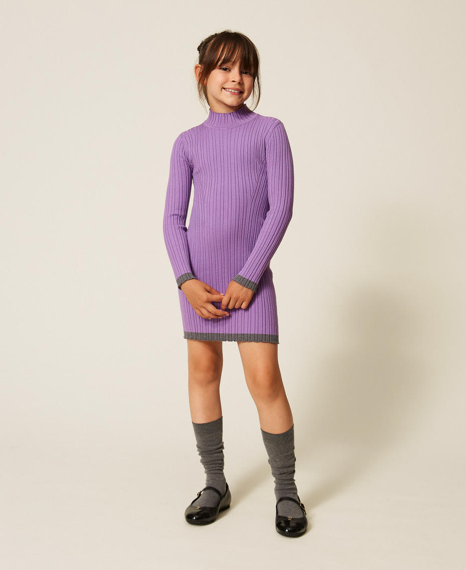 Kurzes Kleid in Rippenstrick Zweifarbig "Hyazinthen-Violett" / Meliertes Dunkelgrau M&auml;dchen 262GJ3013_13791_01