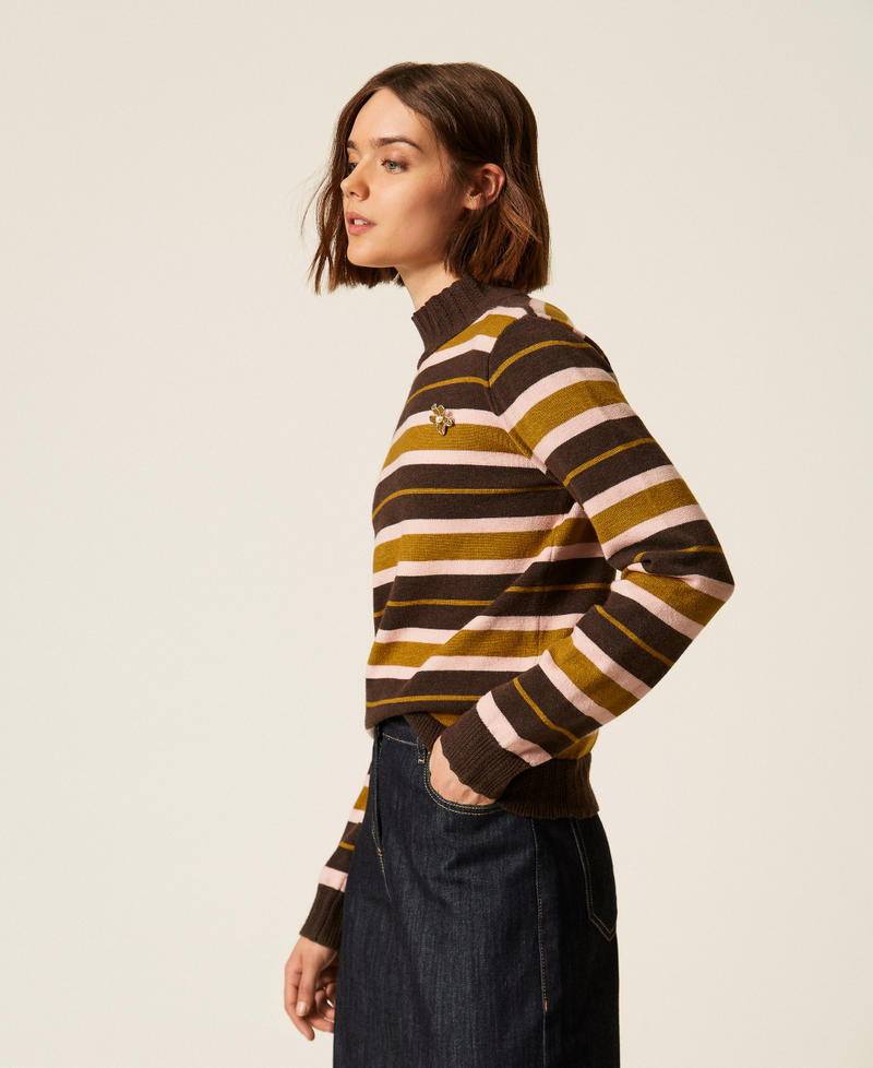 Turtleneck jumper with brooch Mocha/Shiny Oil/Powder Rose Stripes Woman 262LI3BAA_13916_02