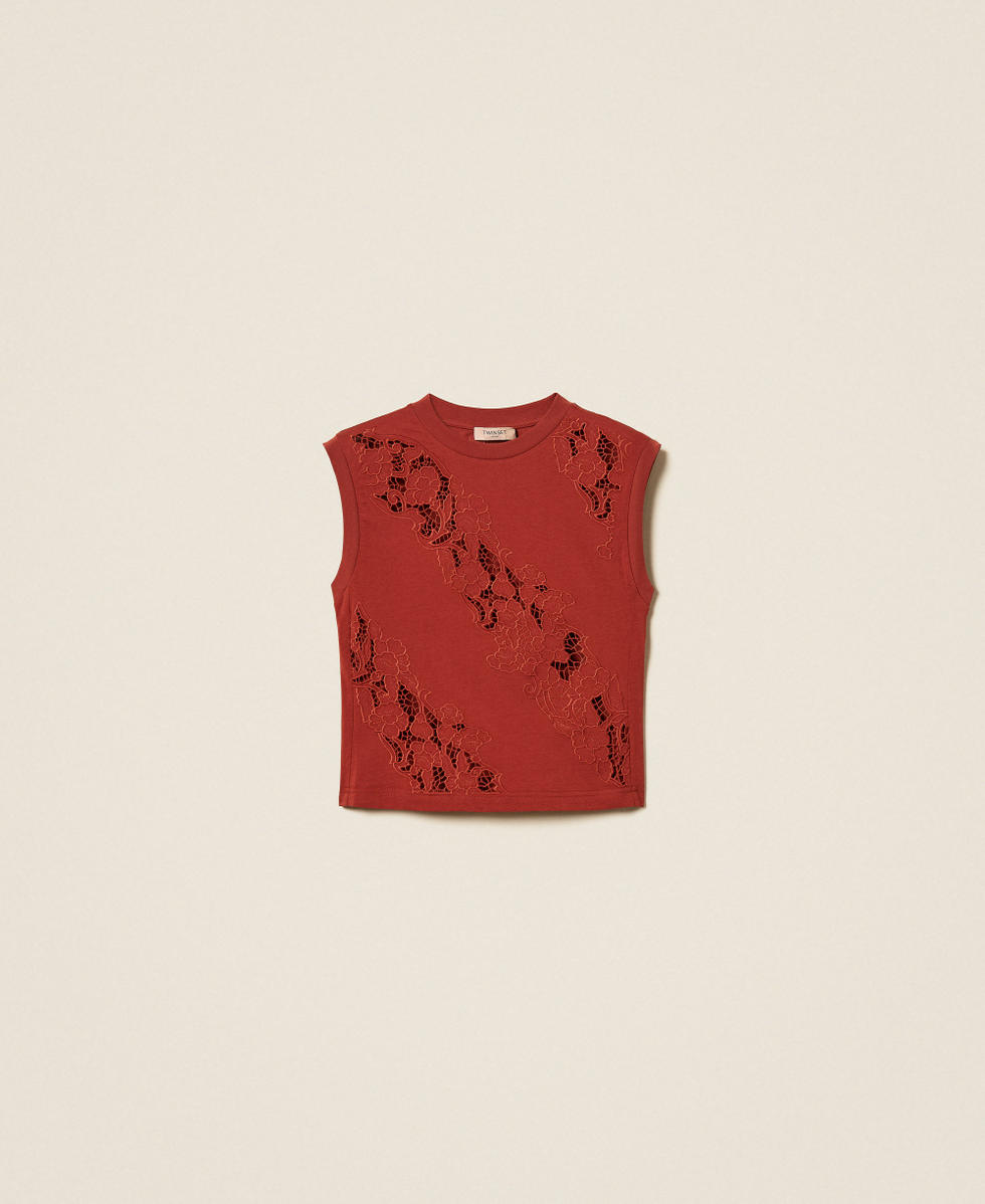 T-shirt avec broderie anglaise Marron &laquo;&nbsp;Henn&eacute;&nbsp;&raquo; Femme 261TT2050_13332_S0