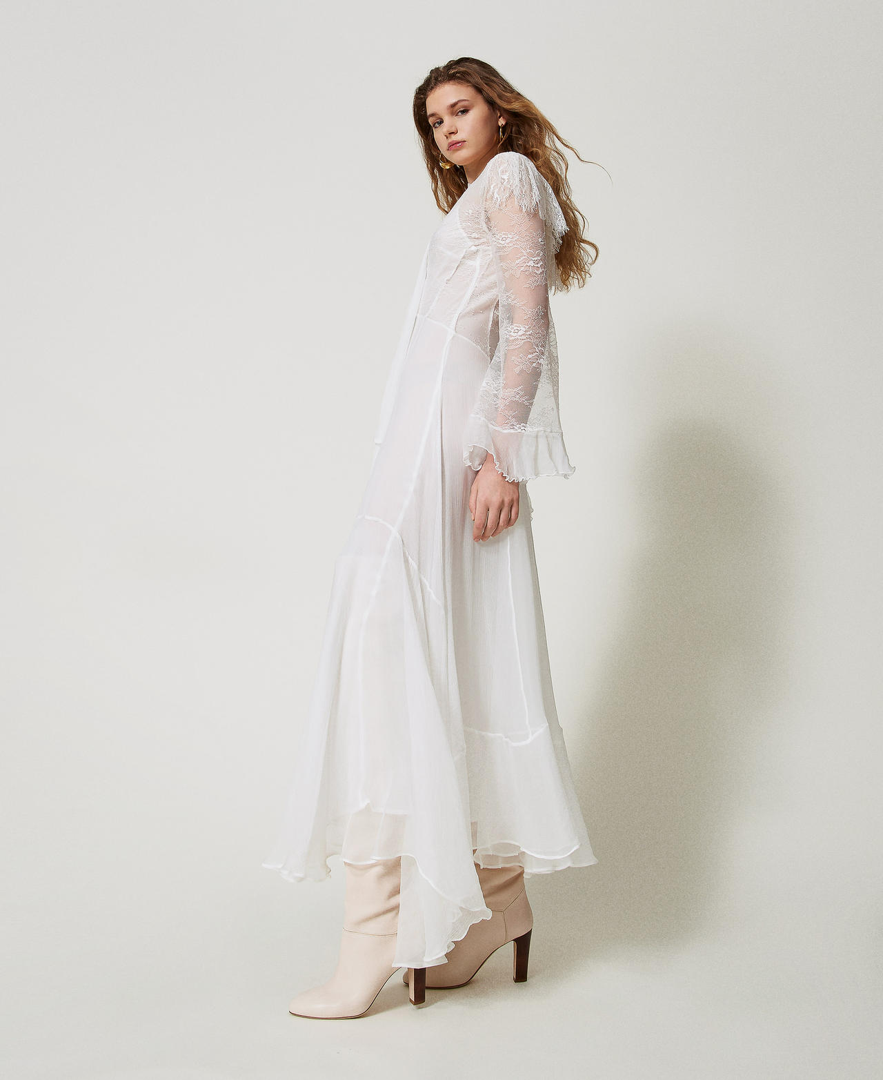 Abito lungo 'Giglio' in pizzo e seta Bianco Neve Donna 251TS2091_00282_02