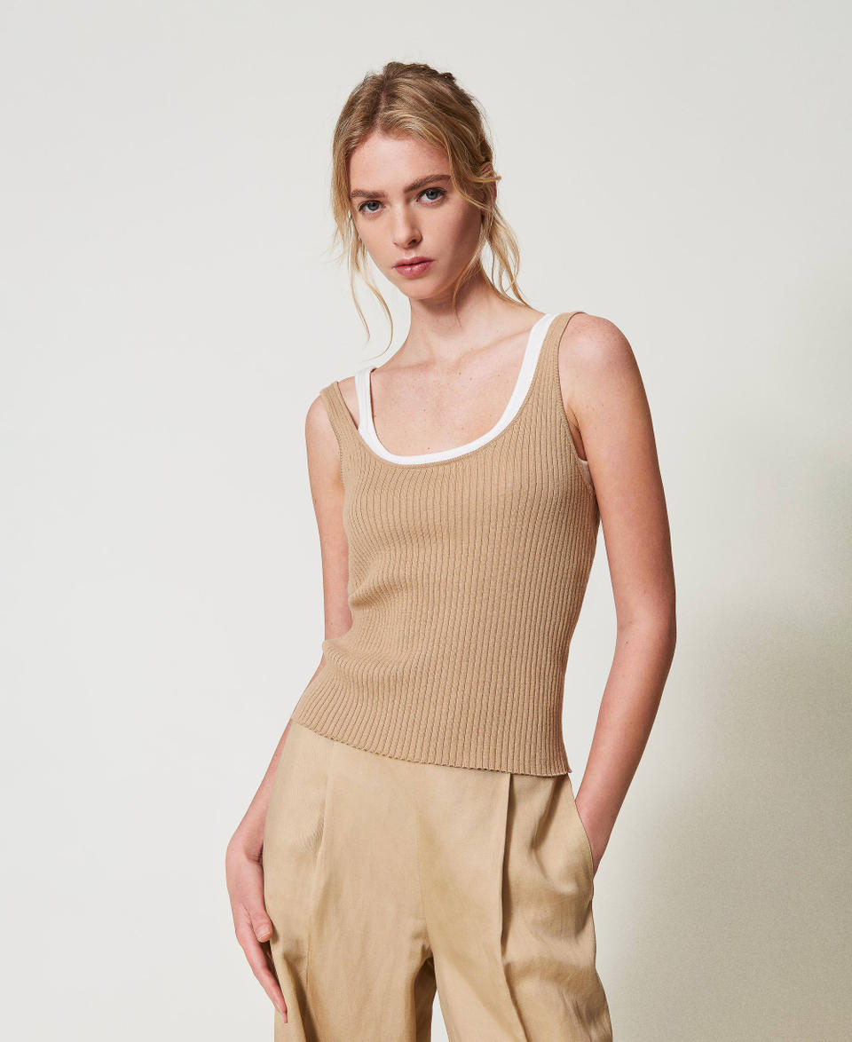 Trompe-l'œil fitted knit top Two-tone Rope Beige/Snow Woman 251TE3015_12292_01