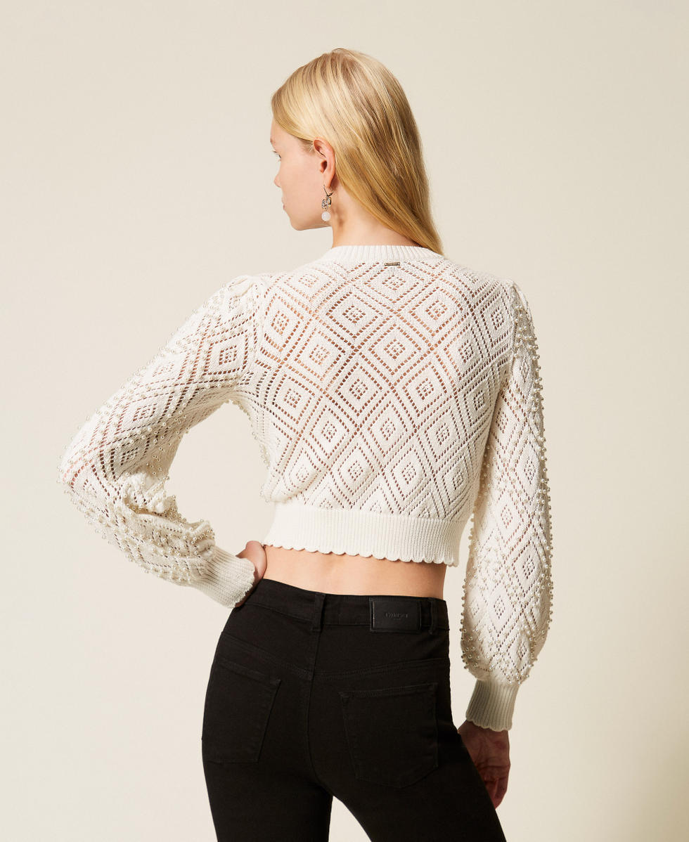 Diamond pattern cardigan with pearls Mother Of Pearl Woman 261TP3203_00059_03