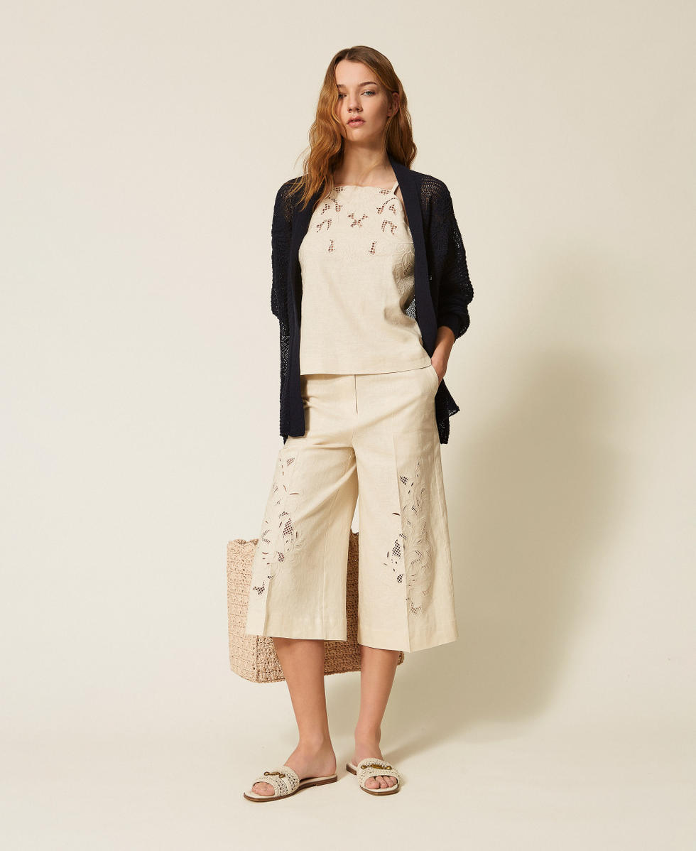 Pantal&oacute;n cropped de lino mixto con bordado N&aacute;car Mujer 261TP2313_00059_T0
