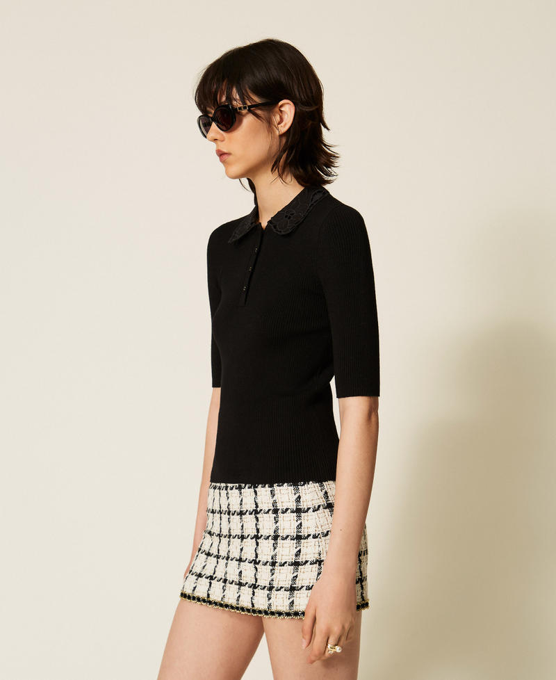 Pull polo avec col en broderie anglaise Noir Femme 262TP3380_00006_02
