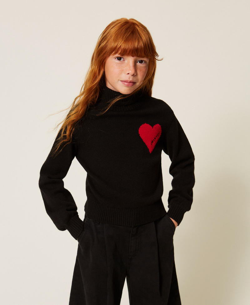 Turtleneck jumper with heart and logo Black/"Magenta" Heart Red Girl 262GJ3040_13774_01