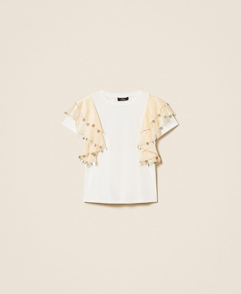 Regular T-shirt with voile sleeves Two-tone Off White/Cashew Beige Woman 261AT2210_13553_S0