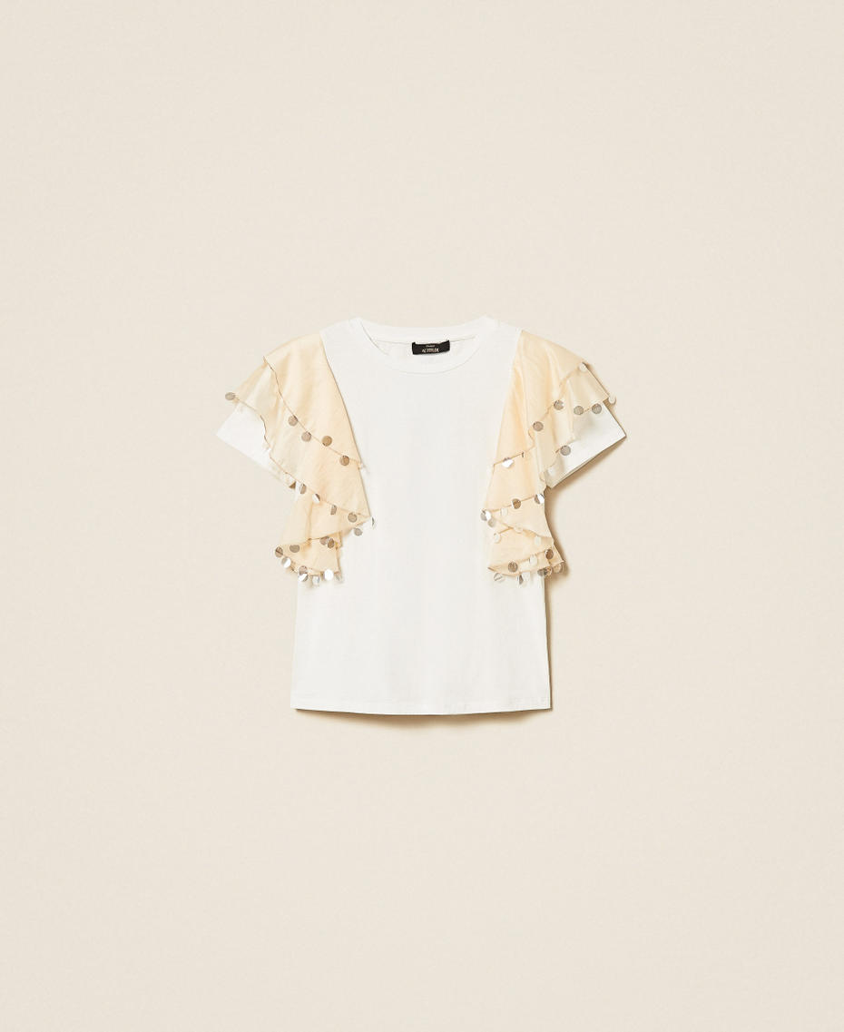 Regular T-shirt with voile sleeves Two-tone Off White/Cashew Beige Woman 261AT2210_13553_S0