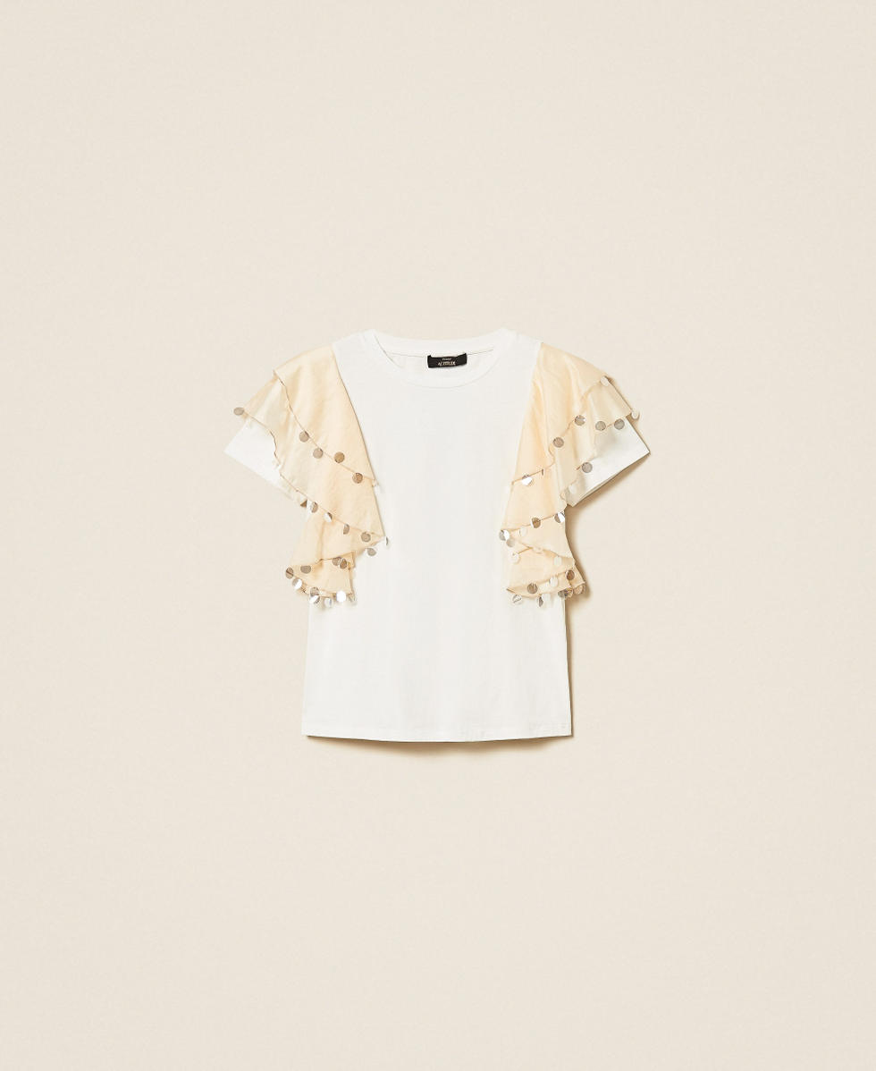 Regular T-shirt with voile sleeves Two-tone Off White/Cashew Beige Woman 261AT2210_13553_S0