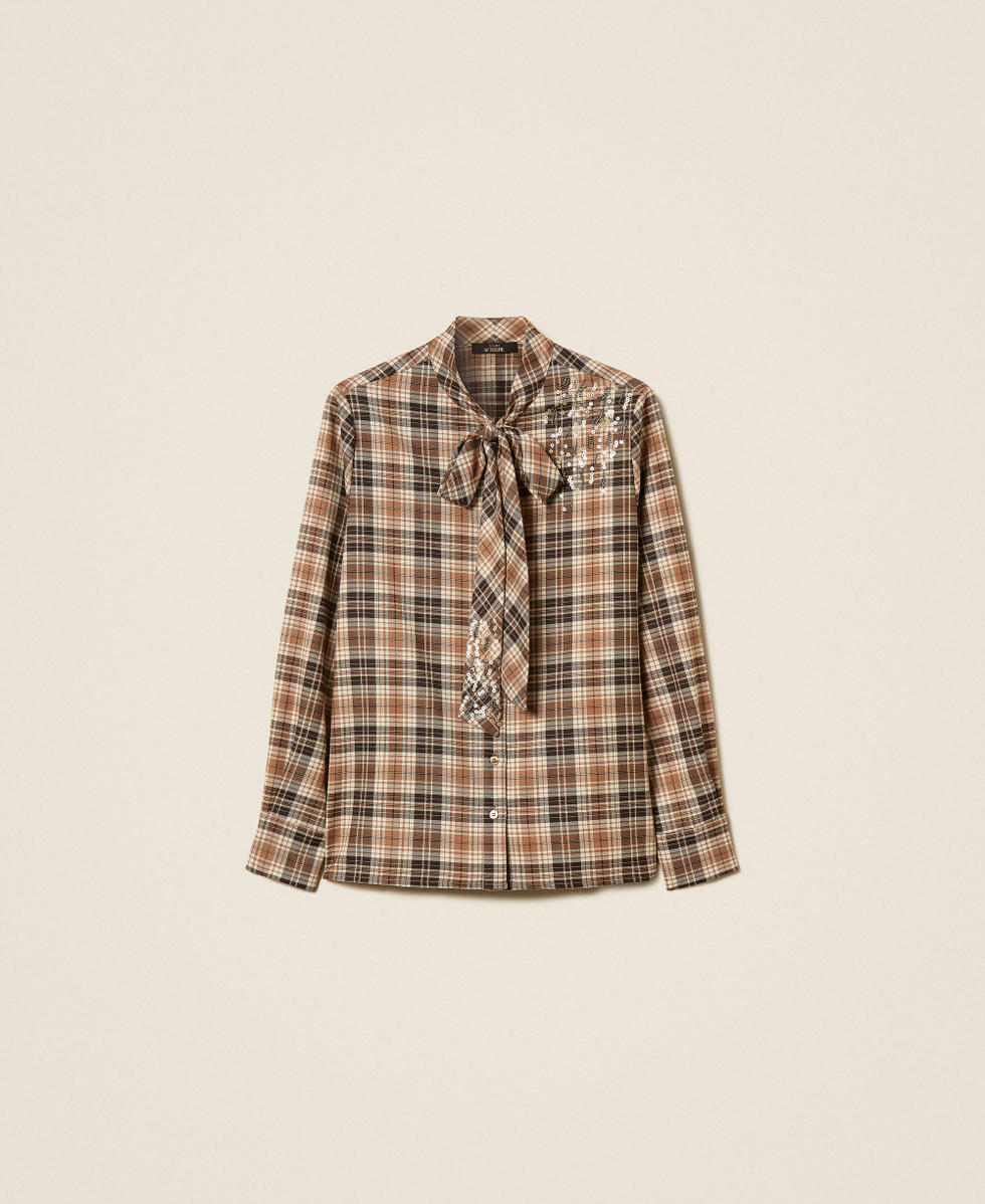 Hemdbluse aus Flanell im Tartanmuster mit Stickerei "Iced Coffee Tartan-Braun" Frau 262AP2300_13691_S0