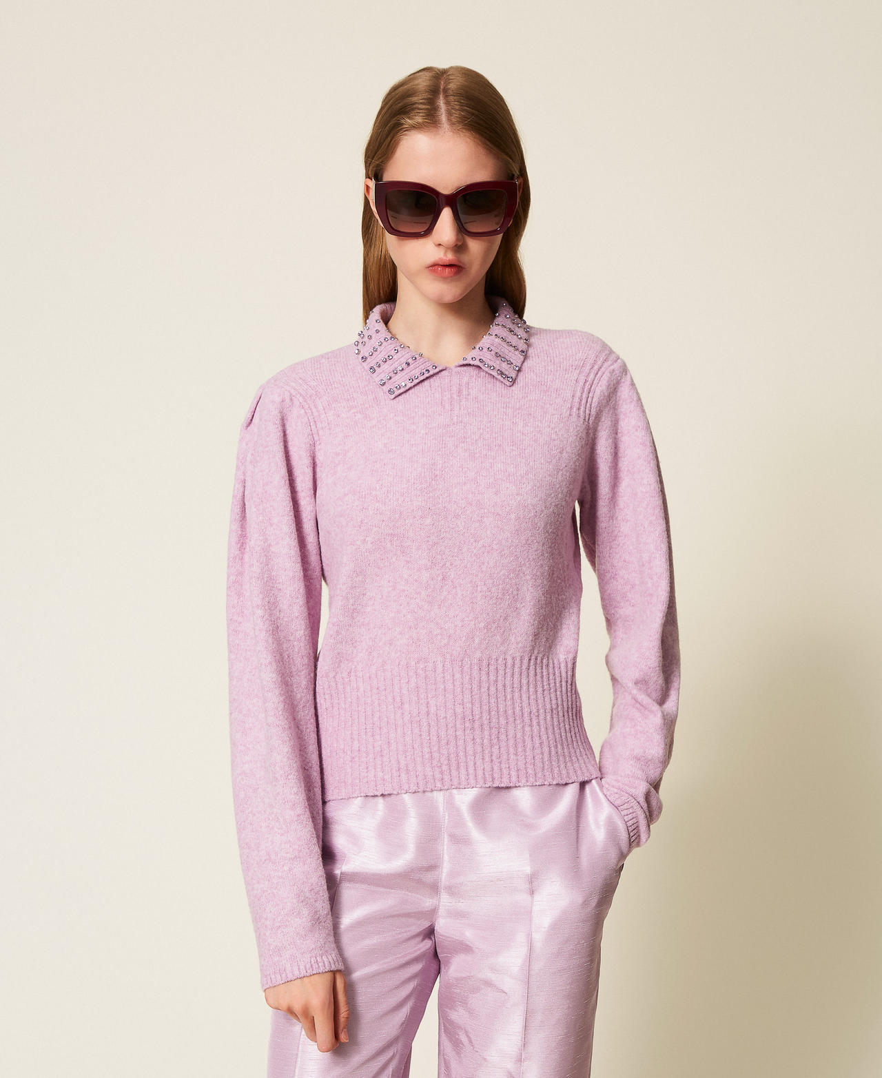 Recycled yarn polo collar jumper Fair Orchid Purple Woman 252AP3160_12560_01