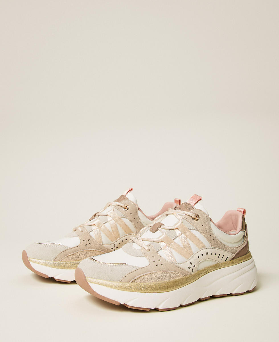 Sneakers running in pelle e rete Bicolor Ottico / Beige "Parchment" / Silver Donna 261TCP022_13250_02