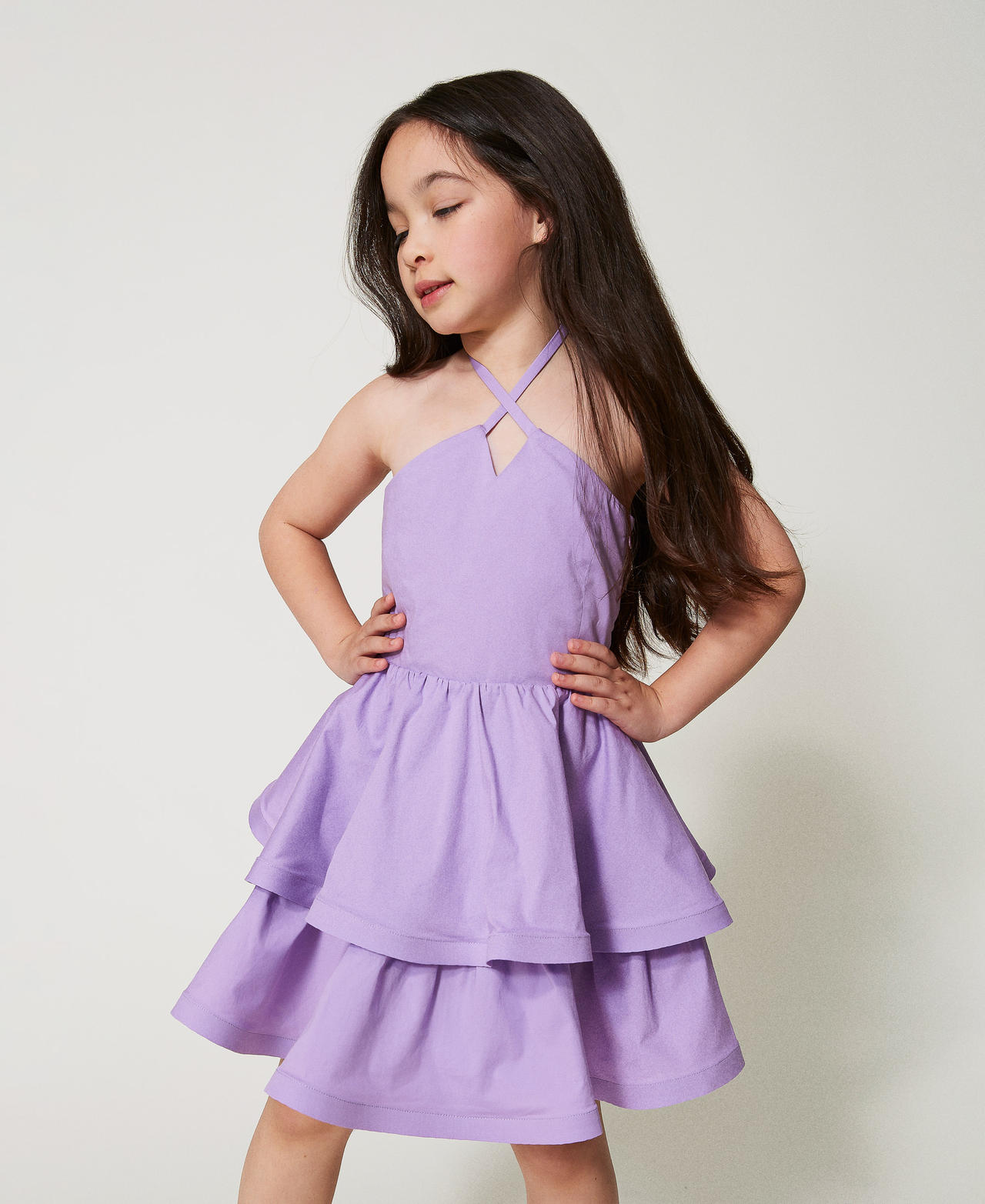 Abito halter corto in popeline con balze Pastel Violet Bambina 251GJ2420_11862_01