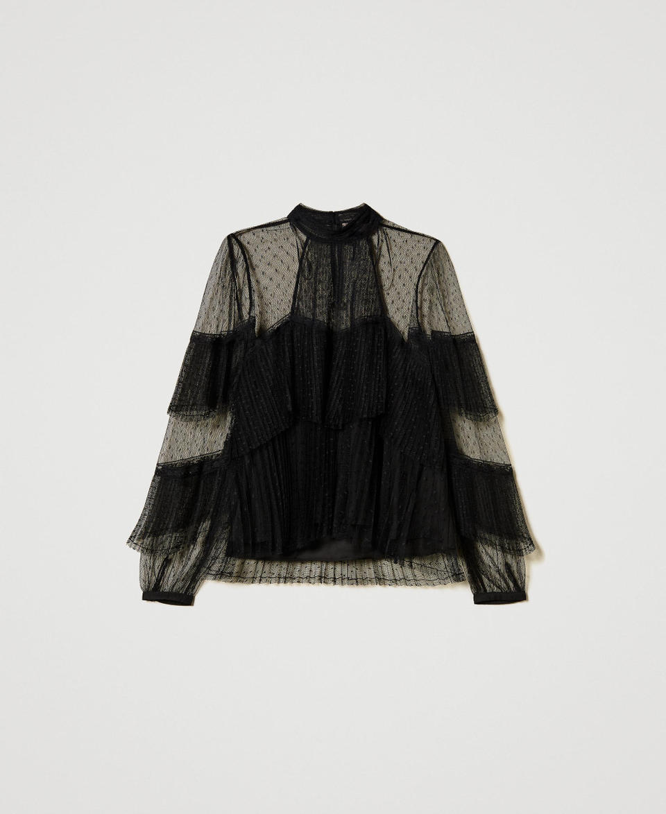 Tulle blouse with pleated flounces Black Woman 251TP2513_00006_S0