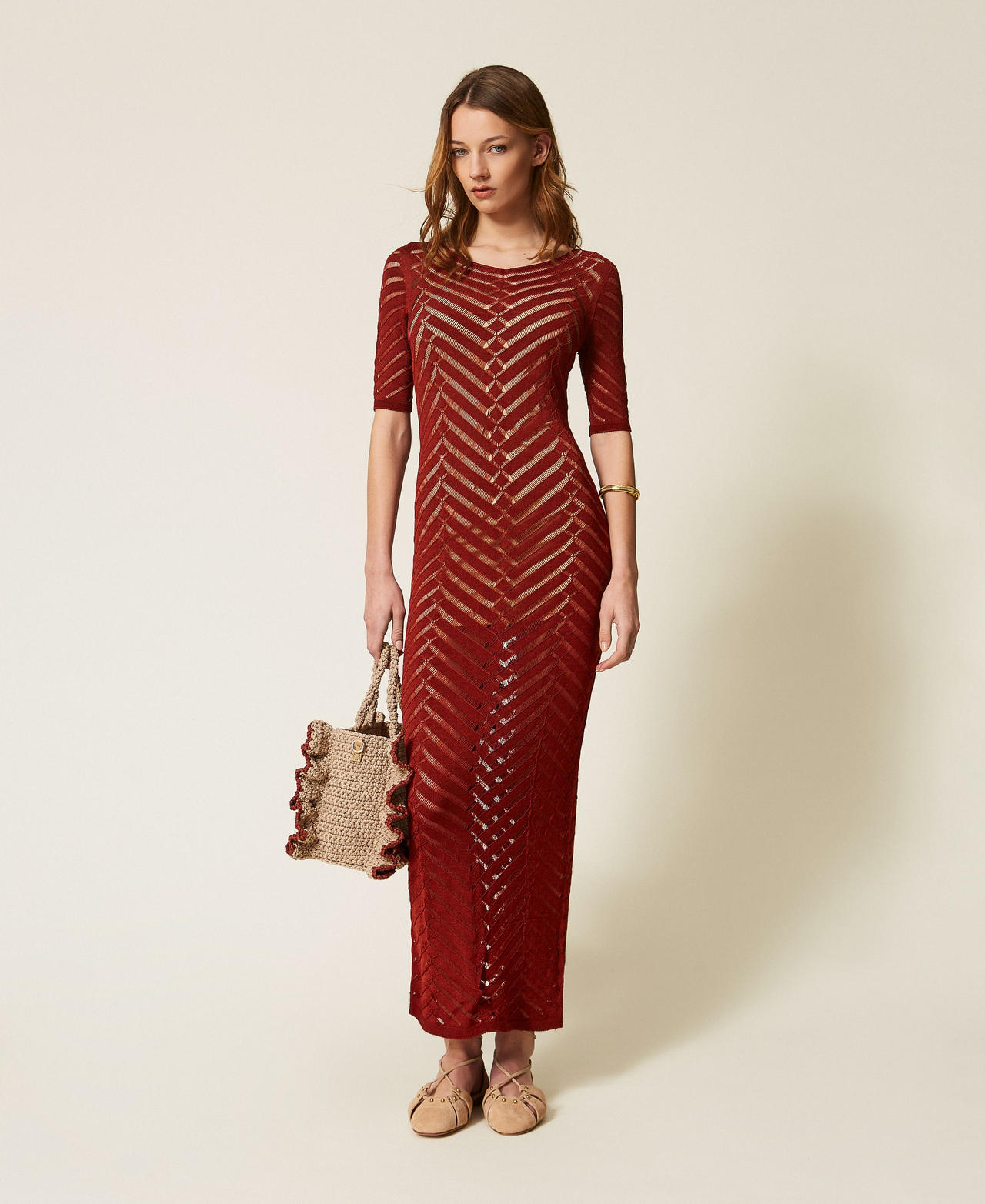 Twinset Dresses - Long chevron knit dress, Henna Brown, Size: XL
