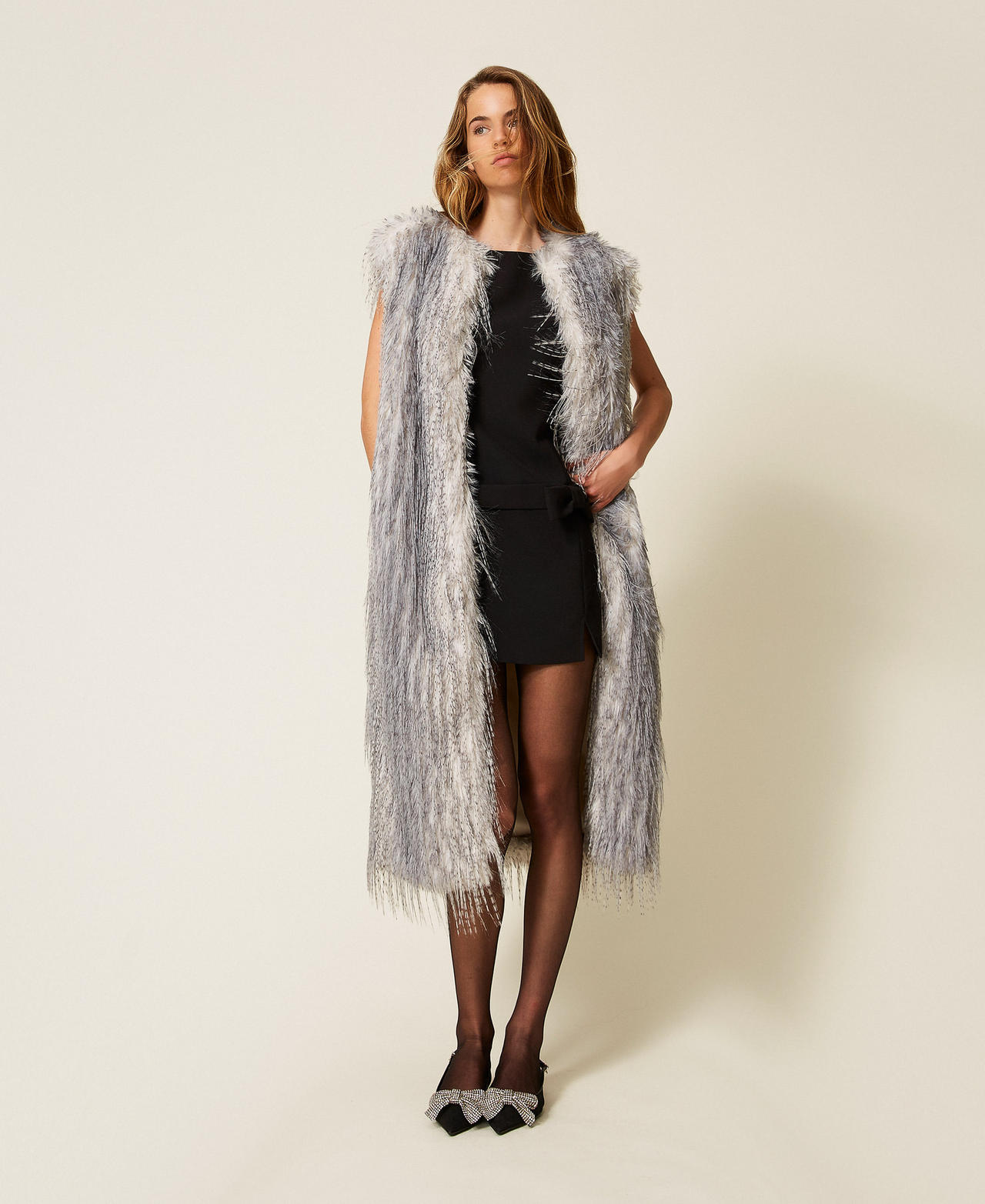 Long faux fur sleeveless jacket Shaded Grey Ash Woman 252AP2540_12684_01