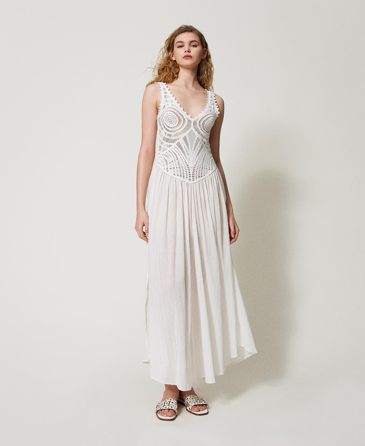 Robe longue avec maille crochet Blanc Neige Femme 251TT3120_00282_02