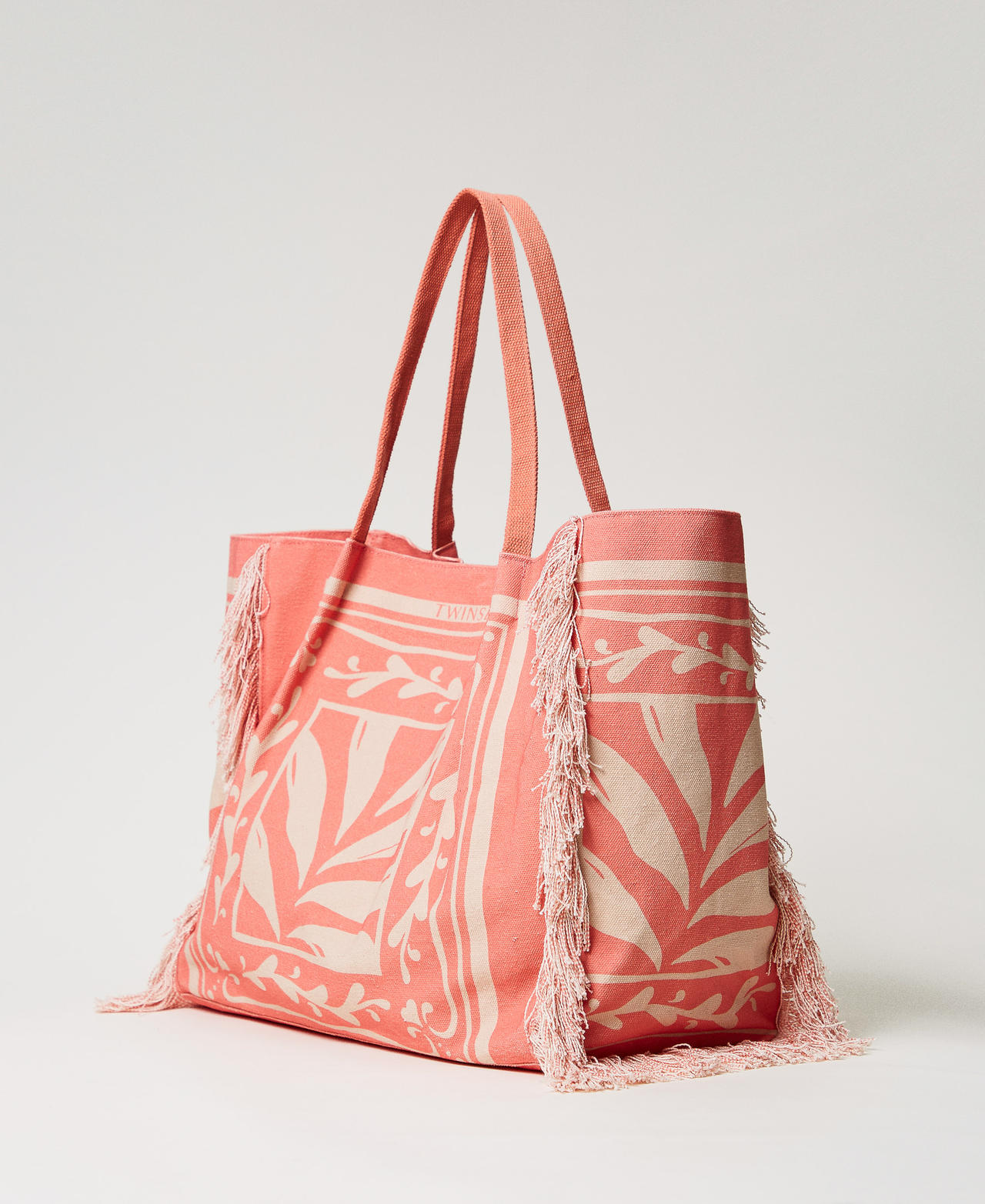 Printed canvas shopper bag Coral Sun/Almond Beige Foulard Print Woman 251LM8ALL_12381_02