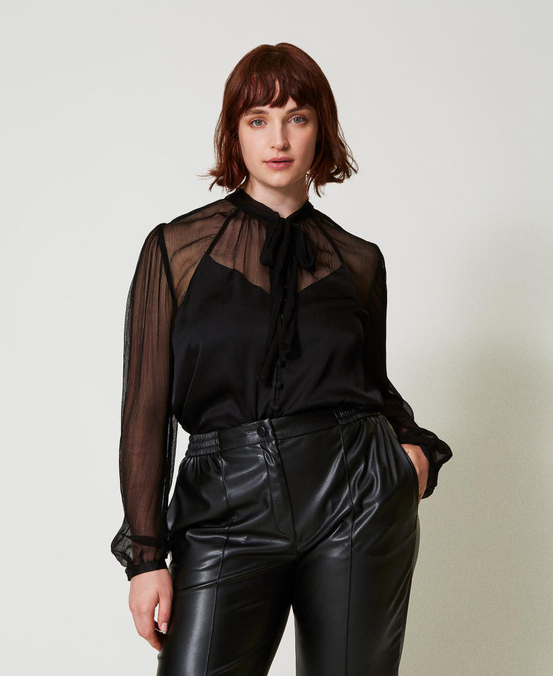 Chiffon and satin shirt Black Woman 242TT2181_00006_01