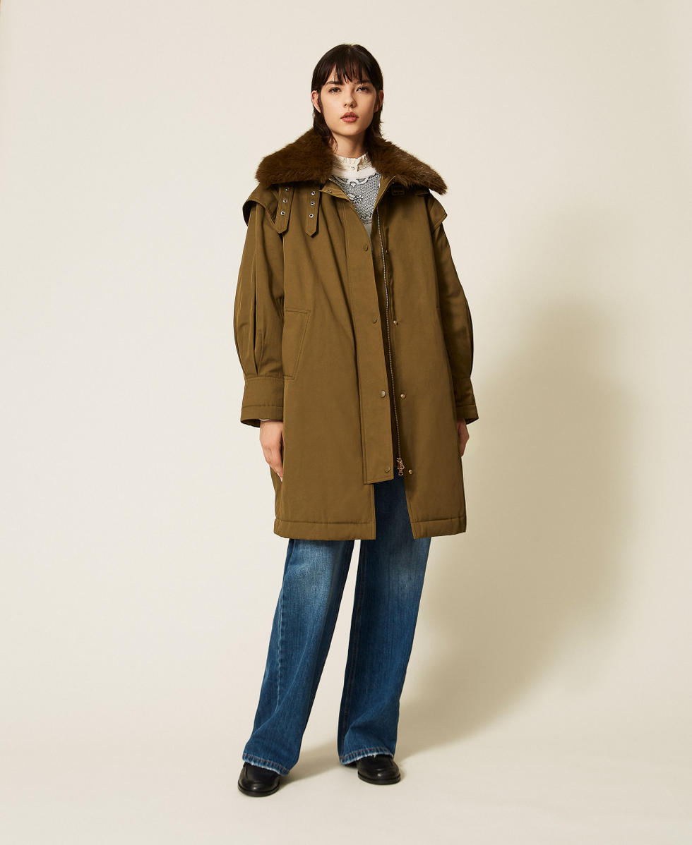 Gabardine parka coat with faux fur collar Beech Green Woman 262TP2180_12537_T0