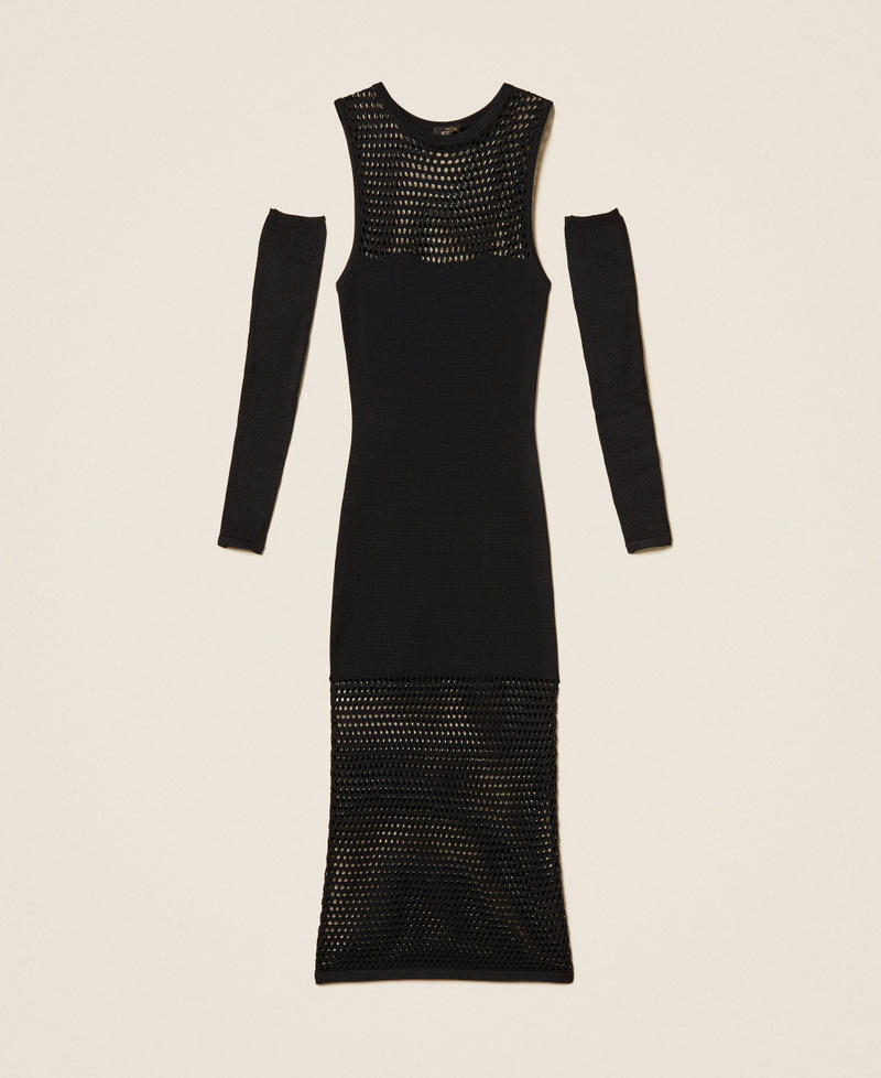 Langes Strickkleid mit Netzmaschen Schwarz Frau 261AP3030_00006_S0