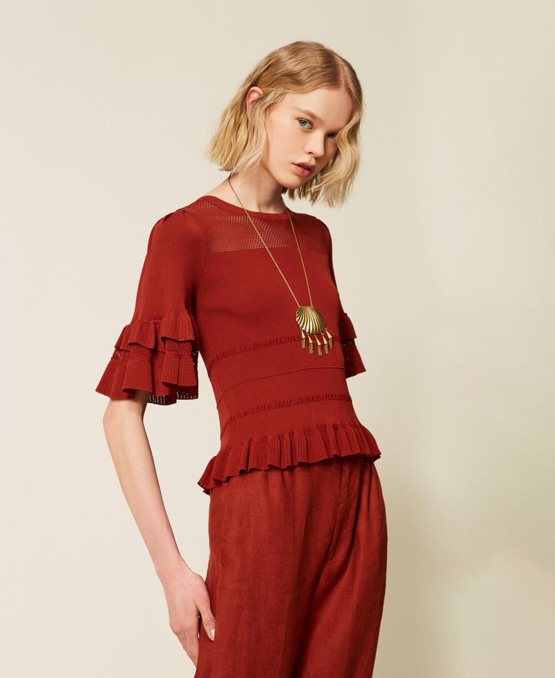 Pull c&ocirc;tel&eacute; avec filet et volants Marron &laquo;&nbsp;Henn&eacute;&nbsp;&raquo; Femme 261TT3021_13332_02