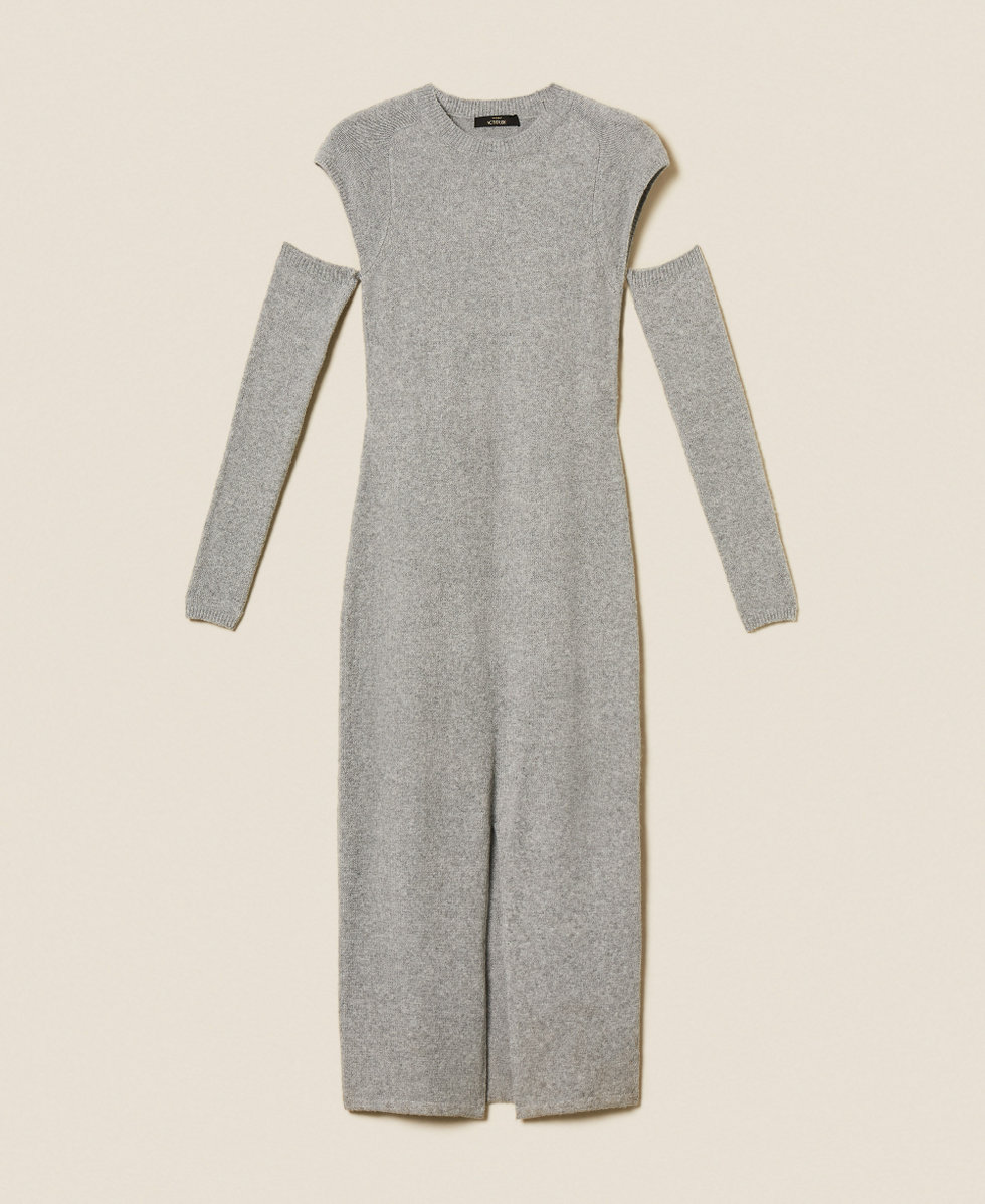 Recycled yarn long dress with removable sleeves Light Grey Melange Woman 252AP3161_11811_S0