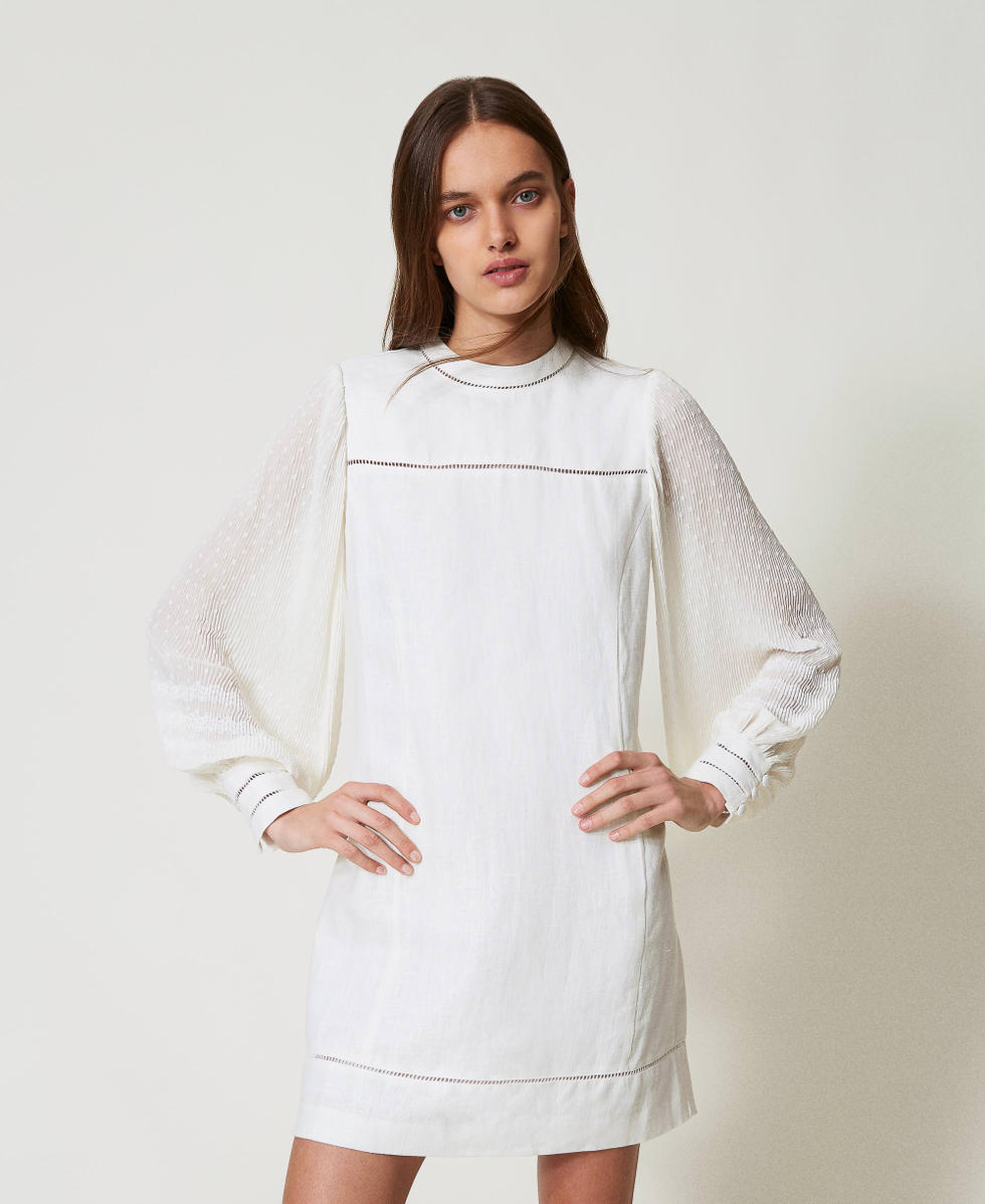 Robe courte en m&eacute;lange de lin et cr&ecirc;pe georgette Blanc Neige Femme 251TP2061_00282_01