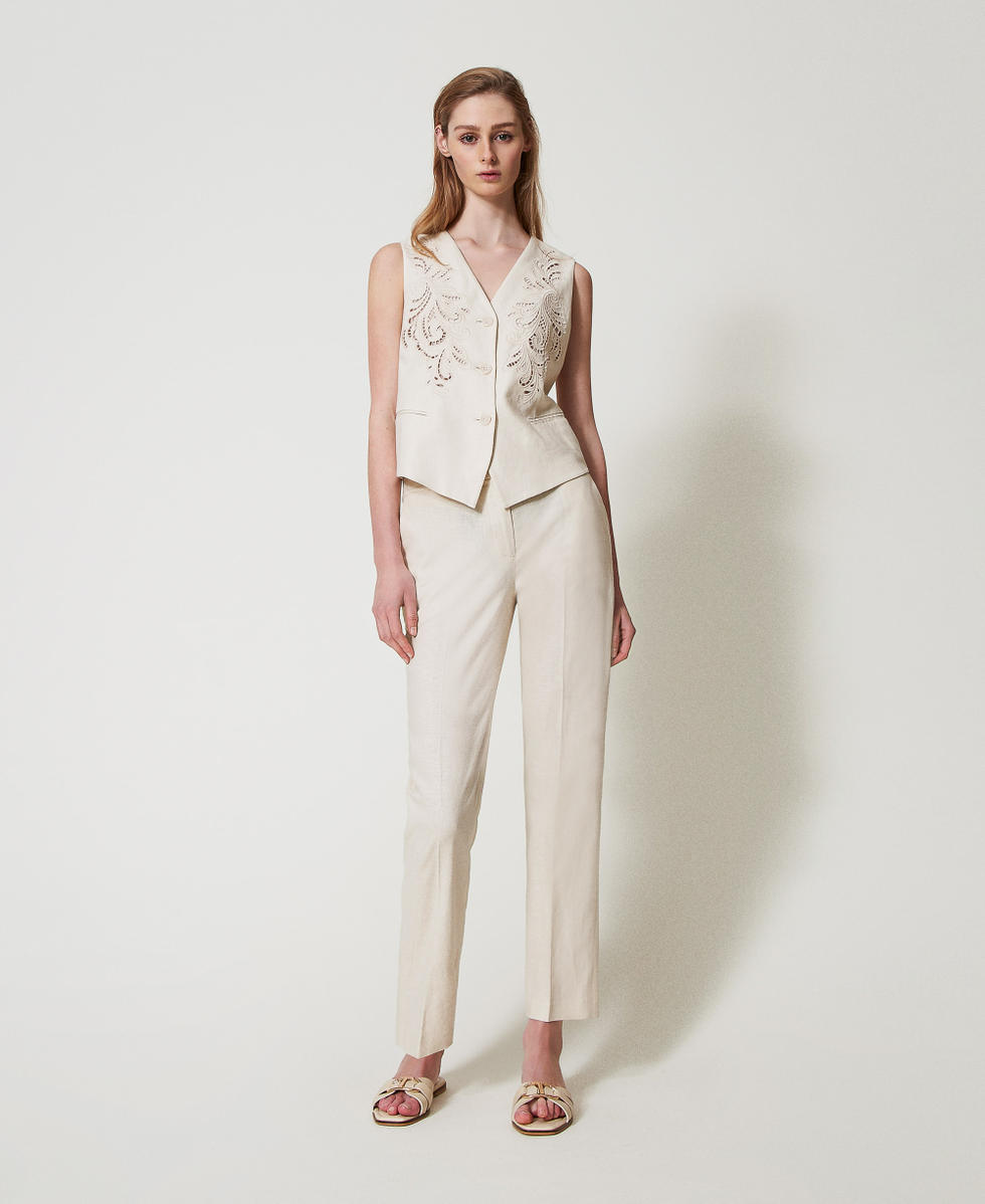 Pantalon taille basse en lin m&eacute;lang&eacute; Nacre Femme 251TP2168_00059_01