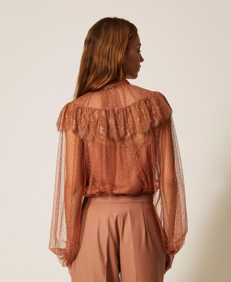 Plumetis tulle and lace blouse Mocha Mousse Brown Woman 261TP2772_13168_03