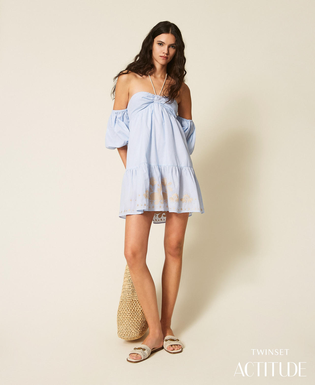 Abito corto a righe con ricamo e maniche Off White / Light Blue Embroidery Pinstripe Donna 261AT2041_13391_PA