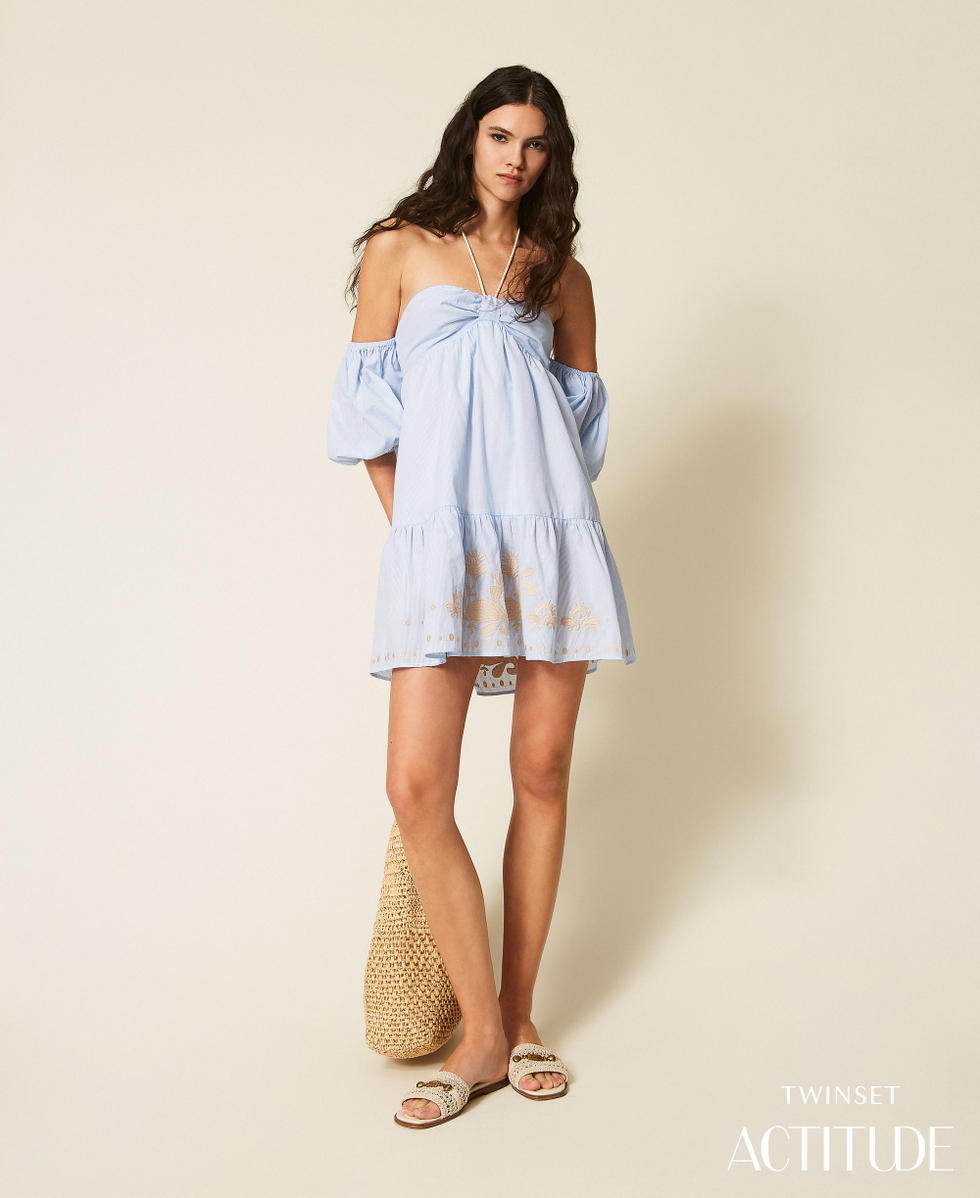 Robe courte ray&eacute;e avec broderie et manches Blanc Cass&eacute;/Bleu Clair Broderie Pinstripe Femme 261AT2041_13391_PA