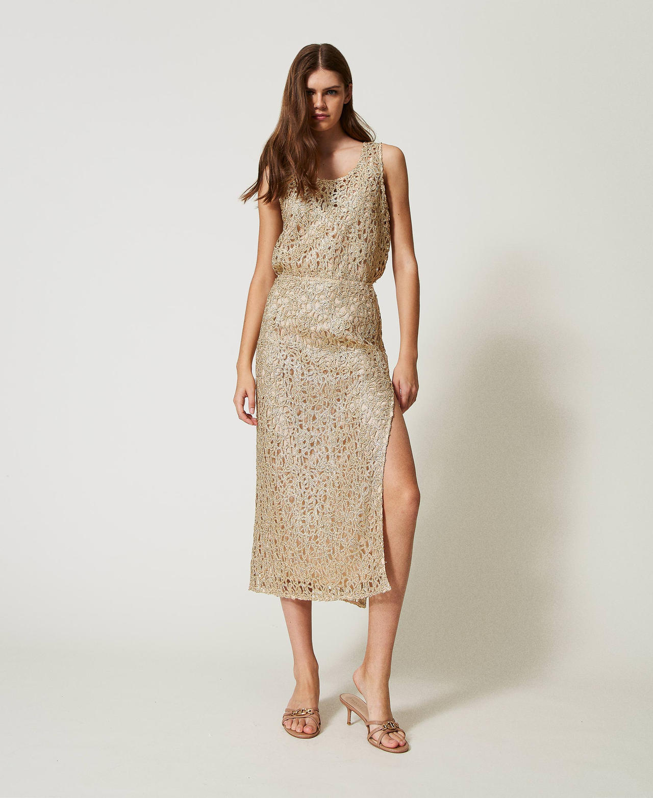 Lam&eacute; crochet midi skirt Gold Woman 251LB2PCC_12251_02