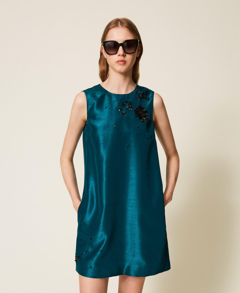 Kurzes Shantung-Kleid handgefertigter Stickerei Green Heron Frau 252AP2180_12557_01