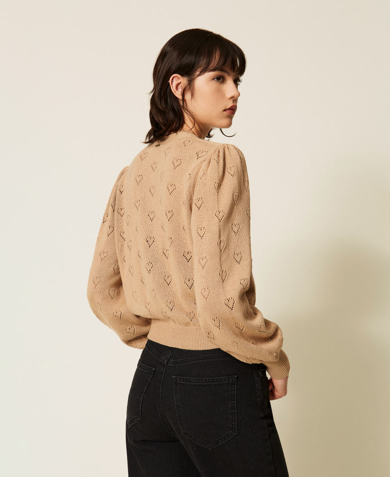Knit cardigan with heart pattern Light "Tobacco Brown" Woman 262TP3023_13732_03