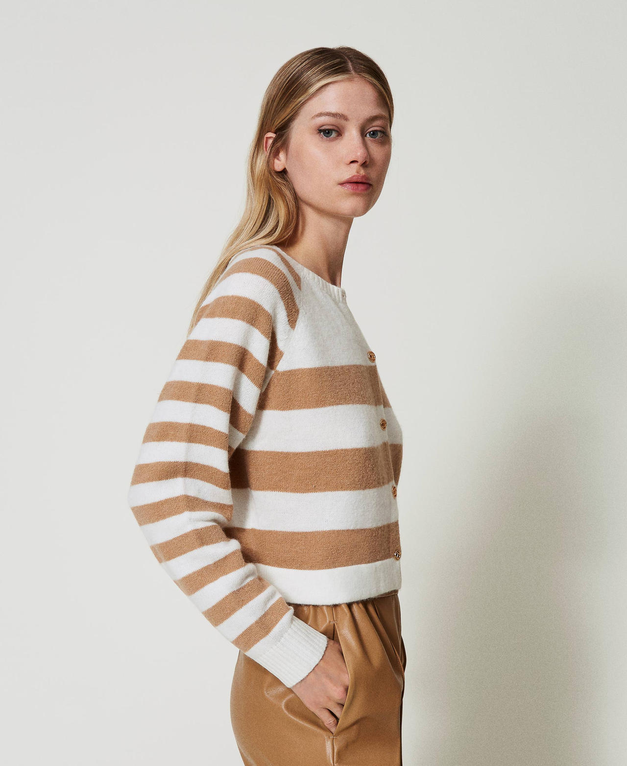 Two-tone striped cardigan Two-tone Snow White / Sandy Brown Woman 242TP3371_11918_02