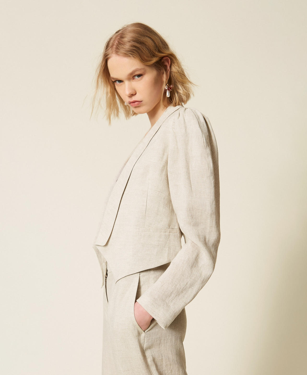 Linen cropped jacket with lurex Natural Bright Linen Woman 261TT2520_13499_02