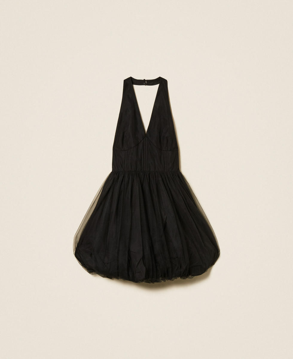 Vestido corto de tafetán y tul Negro Mujer 252TT2283_00006_S0