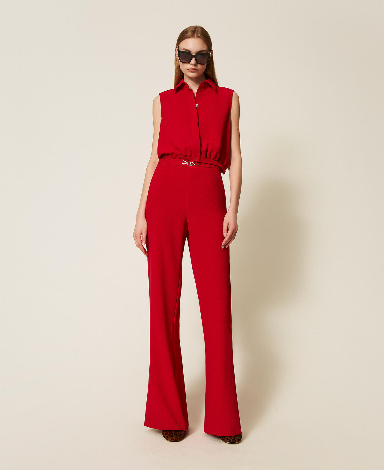 Cr&ecirc;pe cady blouse and trousers with Oval T Venetian Red Woman 252TP2282_00740_01