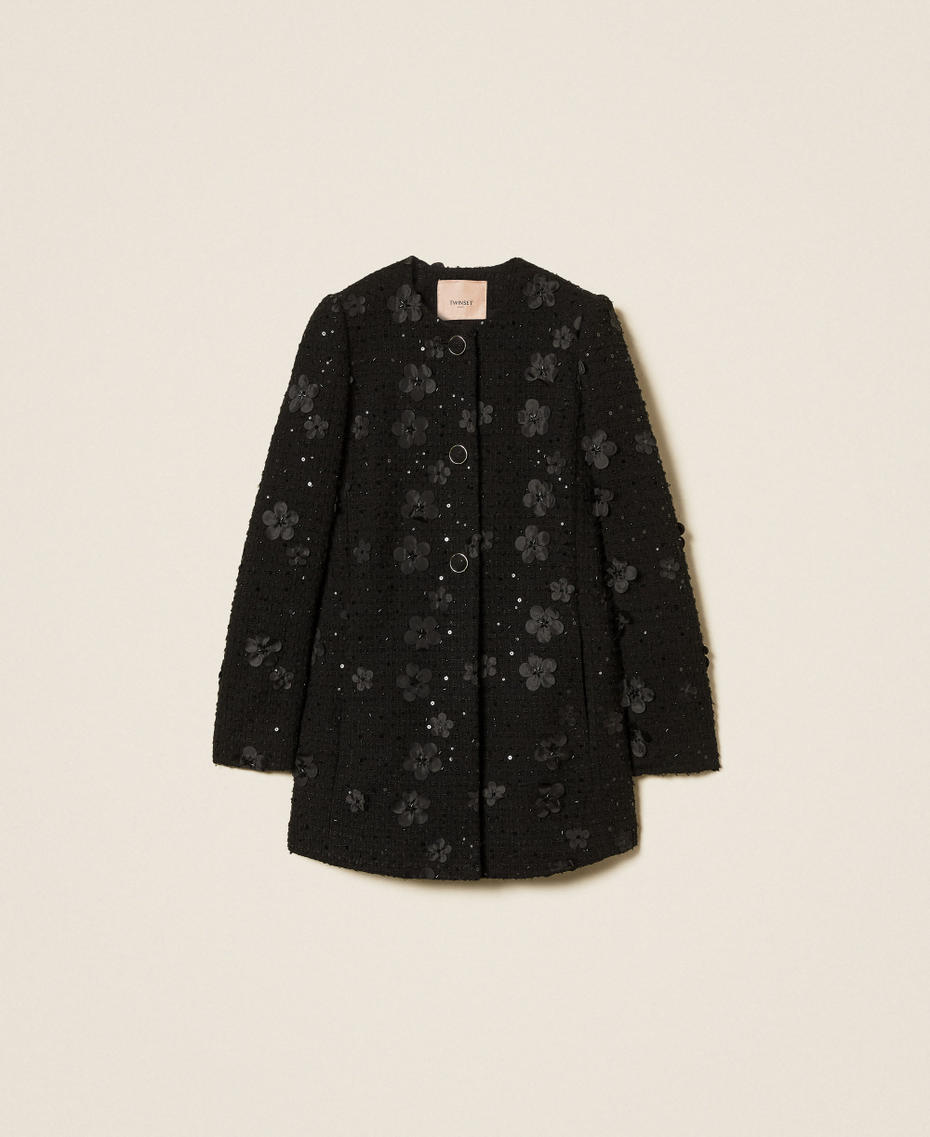 Bouclé coat with flowers and sequins Black Flowers Bouclé Woman 252TP2400_12733_S0