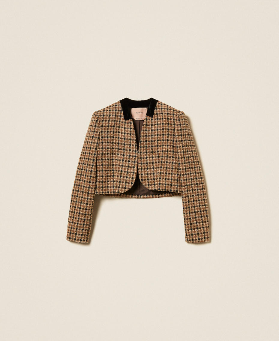 Spenzer-Jacke aus Boucl&eacute; mit Karomuster Boucl&egrave; Little Check Brown / "Nut"-Braun / Gold Frau 262TT2130_14022_S0