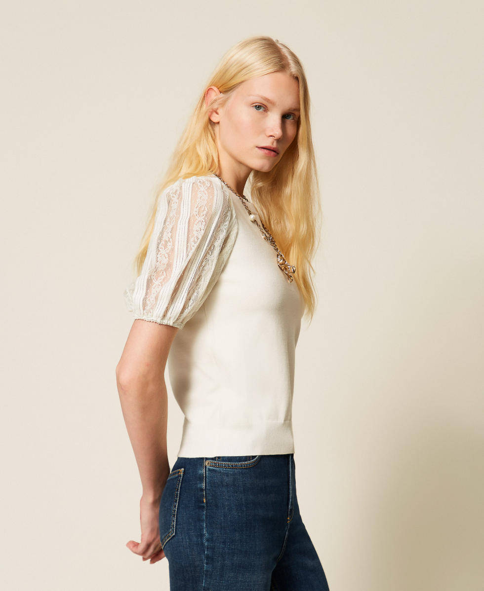 Short sleeve jumper with lace Mother Of Pearl Woman 261TP3431_00059_02