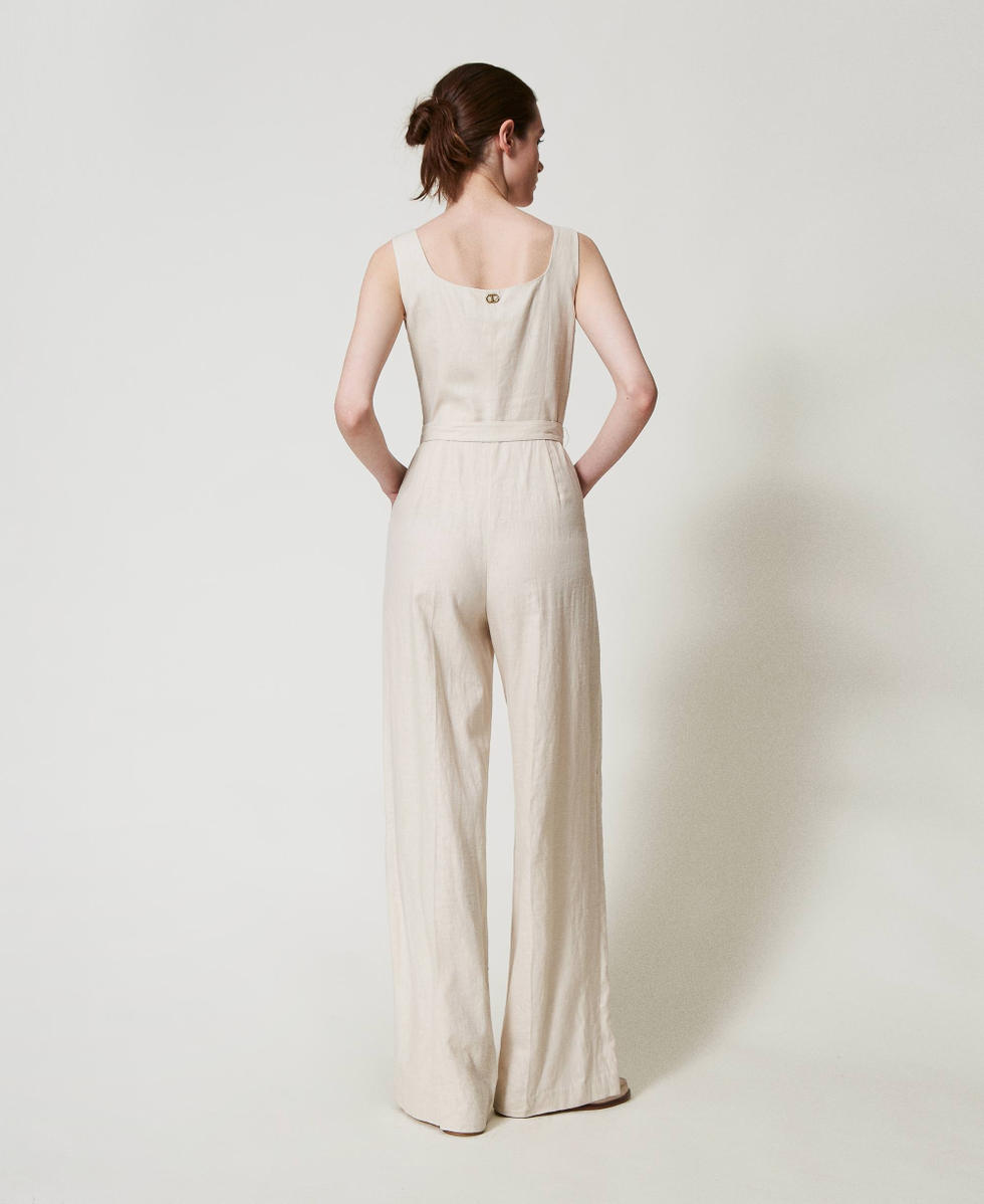 Linen blend jumpsuit with embroidery Woman, White | TWINSET Milano