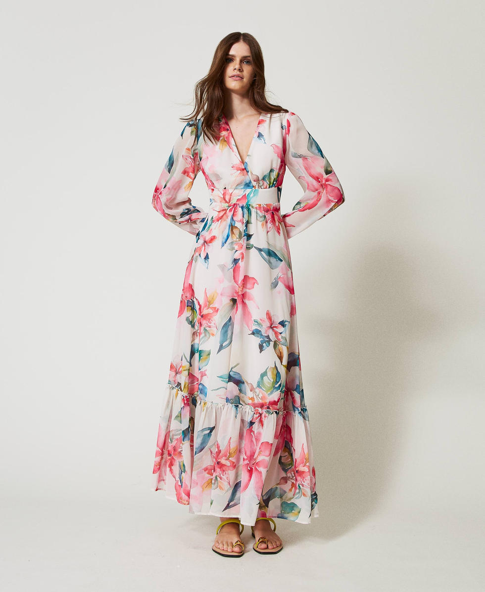 Robe longue en cr&ecirc;pe georgette imprim&eacute; floral Imprim&eacute; Fleurs Nacre/Multicolore Femme 251LB2ZHH_12194_01