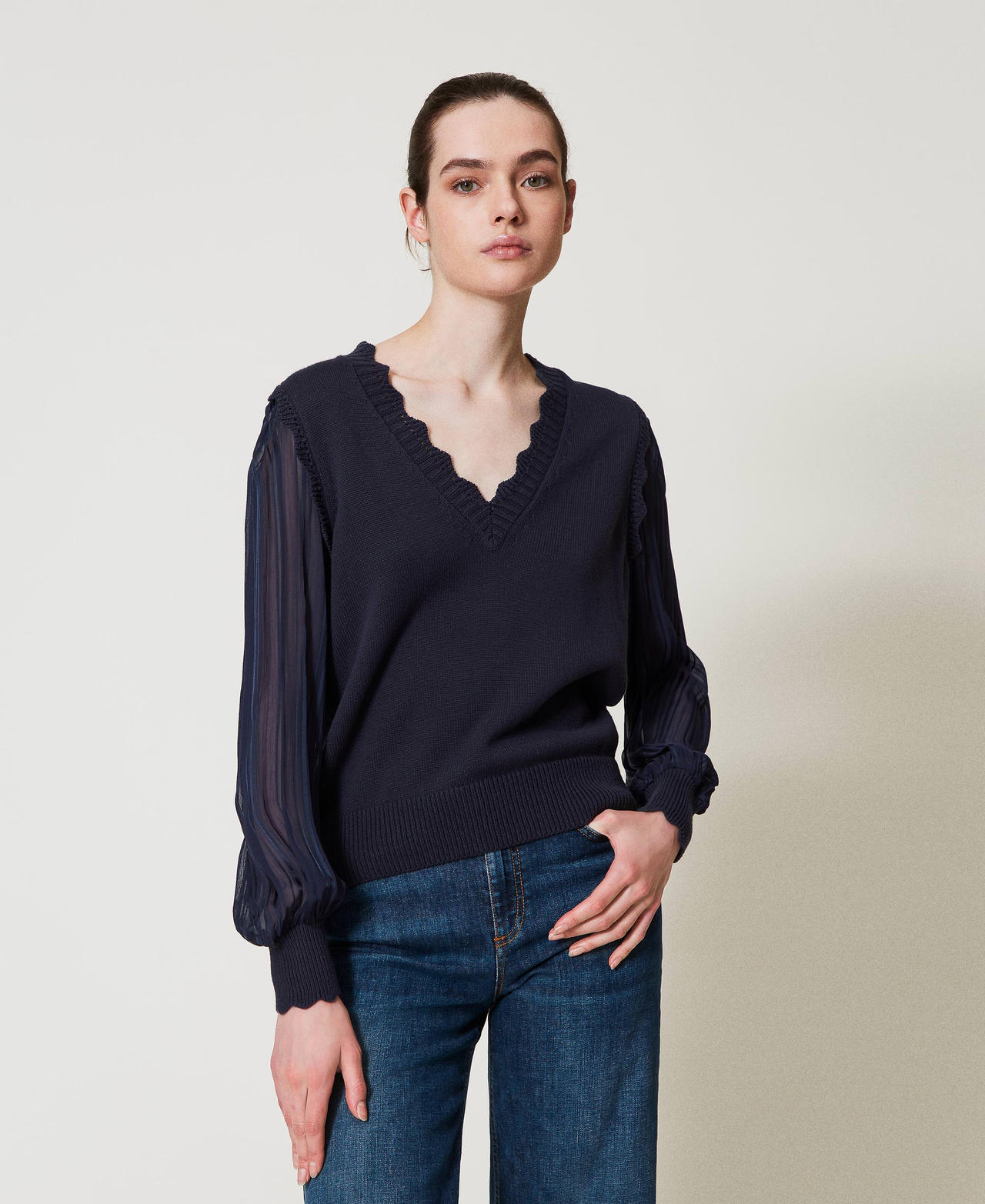 Jumper with striped creponne sleeves Blue Night Woman 251TP3162_00238_01