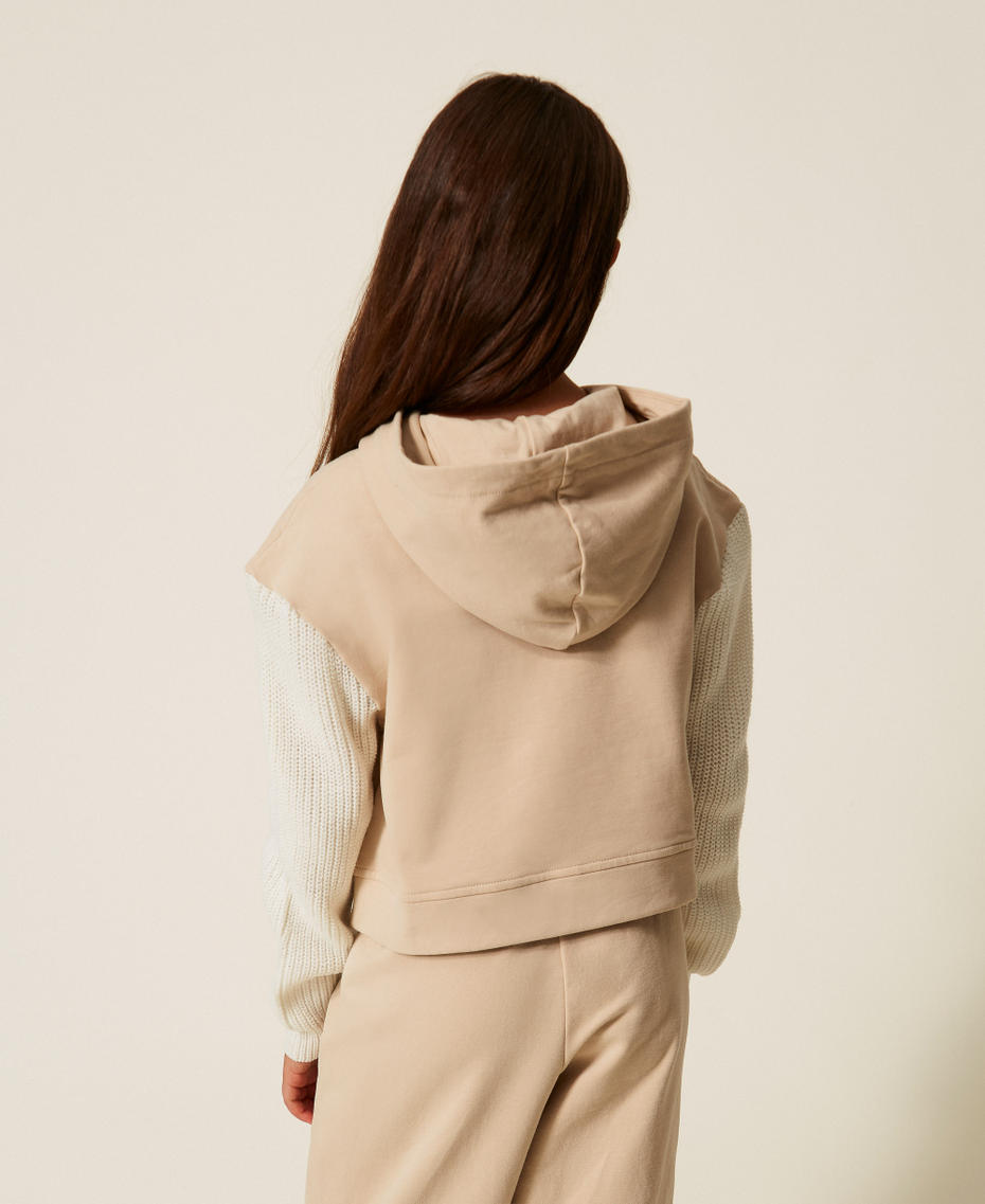 Hoodie with logo and knit sleeves Two tone Dark Crystal Sand/Milk Girl 252GJ206A_12720_03