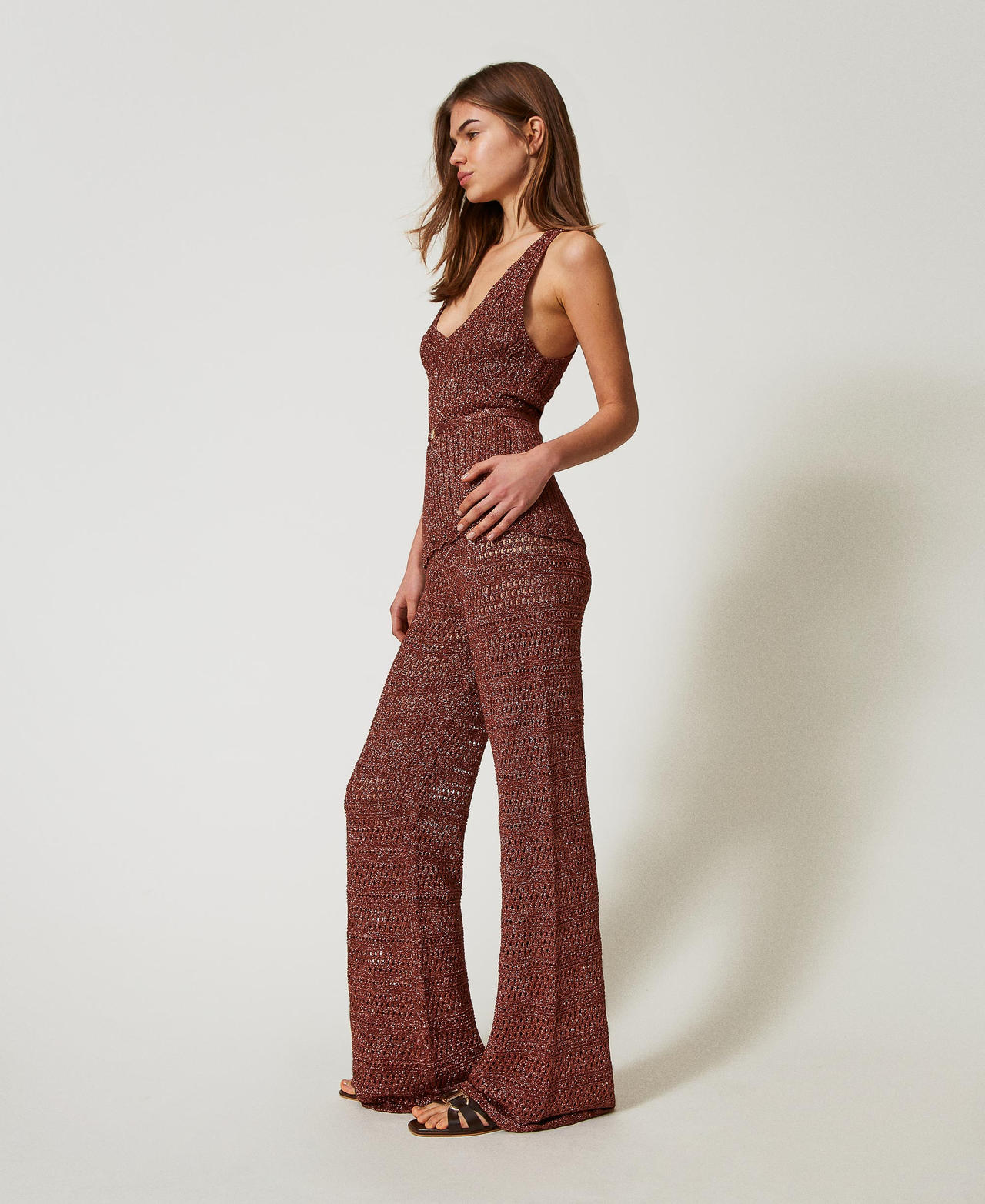 Lurex knit palazzo trousers Amber Brown Lurex Woman 251TT3196_12450_02