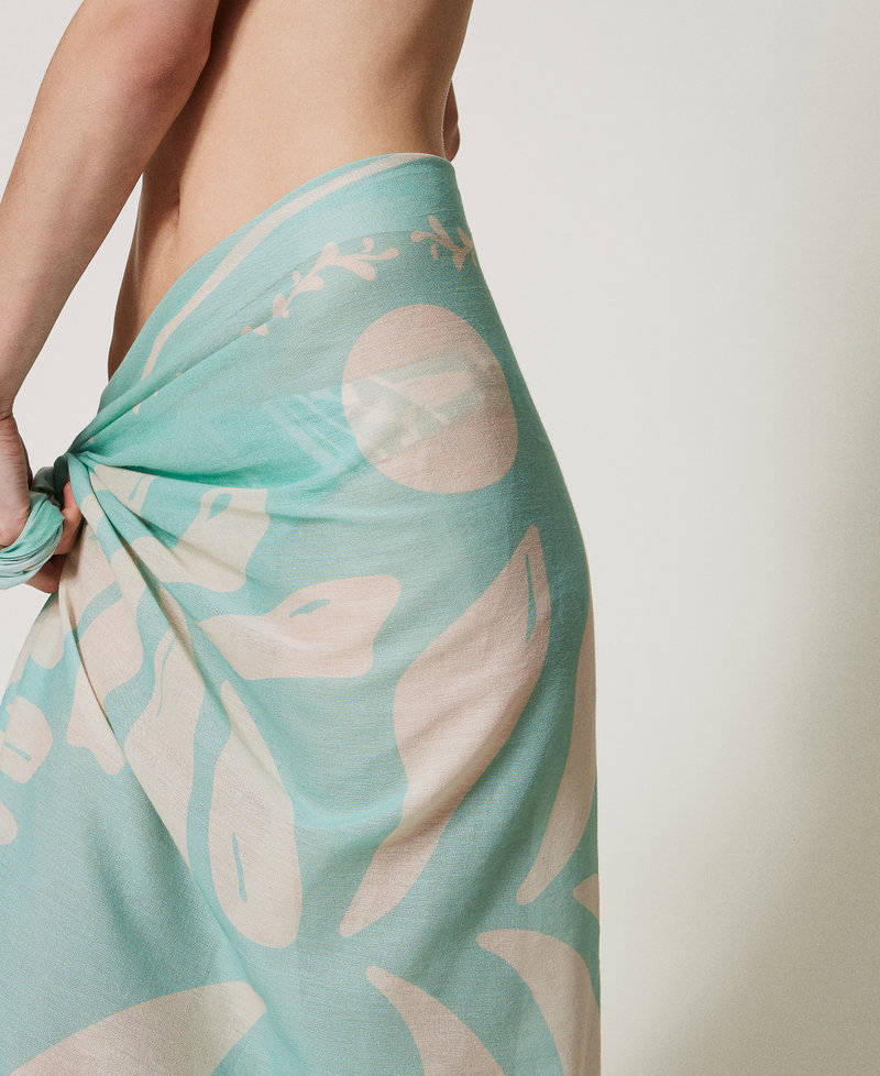 Sarong with palm print Green Marine/Almond Beige Foulard Print Woman 251LM5BEE_12382_03