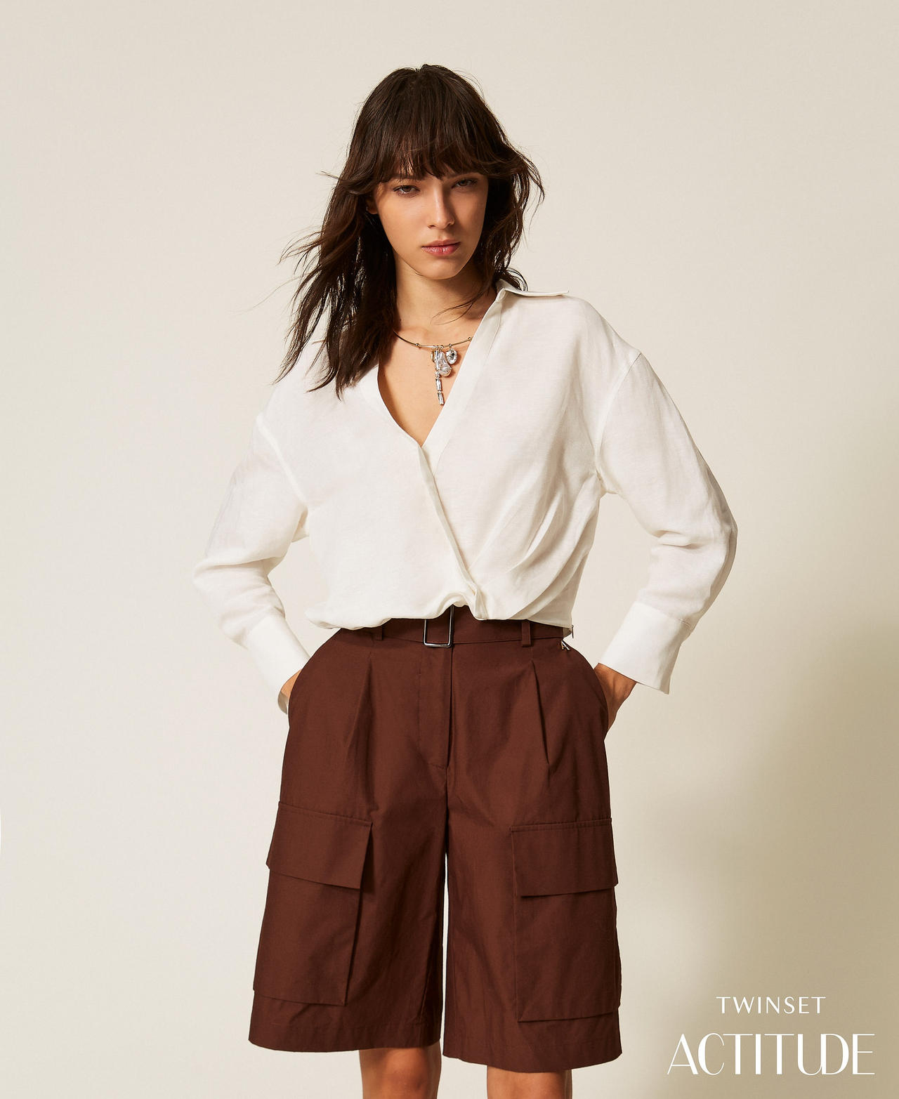 Recycled poplin cargo Bermuda shorts Chocolate Lab Woman 261AP2082_10780_PA