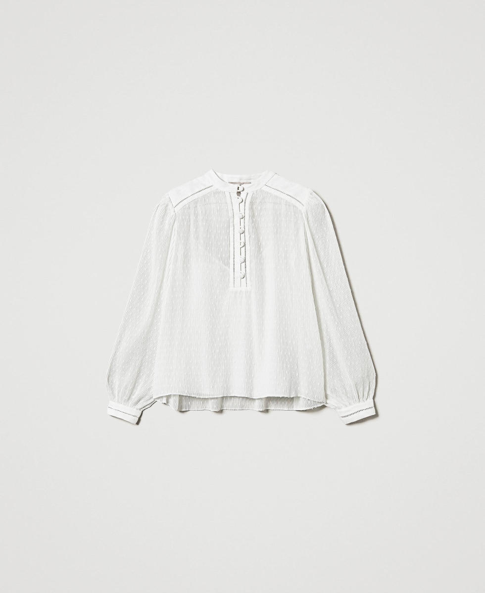 Blouse en cr&ecirc;pe georgette pliss&eacute; avec broderies Blanc Neige Femme 251TP2062_00282_S0